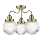 Tamara 3lt Bathroom Semi Flush Antique Brass Ribbed Glass IP44