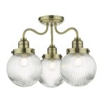 Tamara 3lt Bathroom Semi Flush Antique Brass Ribbed Glass IP44