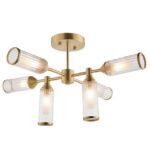 Ribbed & Frosted Glass 6lt Satin Brass Semi-Flush