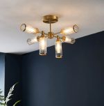 Ribbed & Frosted Glass 6lt Satin Brass Semi-Flush - Image 2