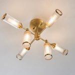 Ribbed & Frosted Glass 6lt Satin Brass Semi-Flush - Image 3