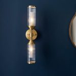 Ribbed & Frosted Glass 2lt Satin Brass Double Wall Light - Image 2