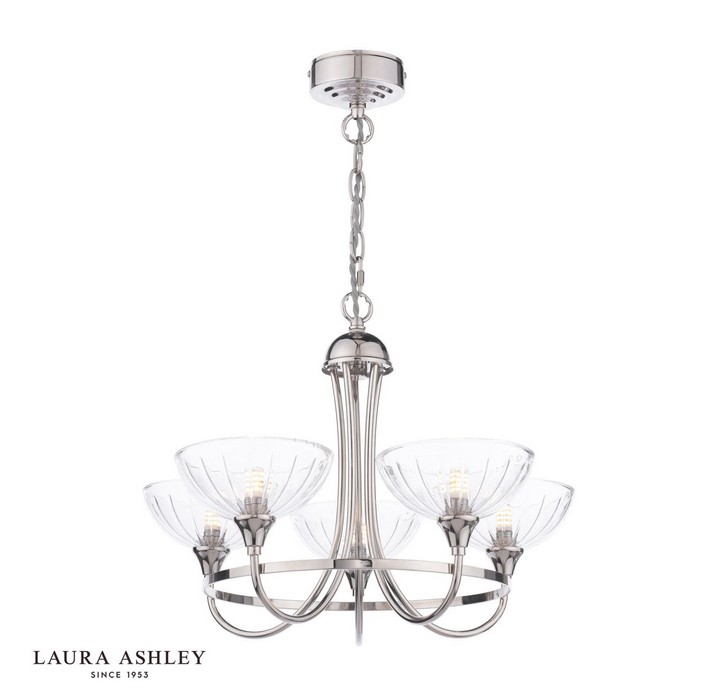Wellham PN Laura Ashley Wellham 5lt Armed Pendant Polished Nickel & Ribbed Glass - Image 1