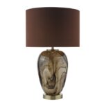 Egas Table Lamp Brown Marble Effect Glass & Antique Brass With Shade