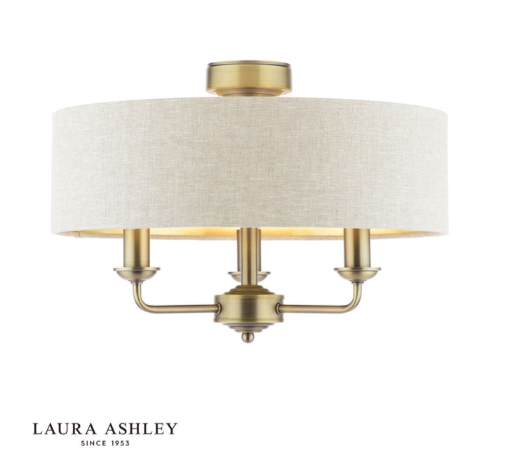 Sorrento 3ltFLMB Laura Ashley Sorrento 3lt Semi-Flush Matt Antique Brass With Natural Shade - Image 1